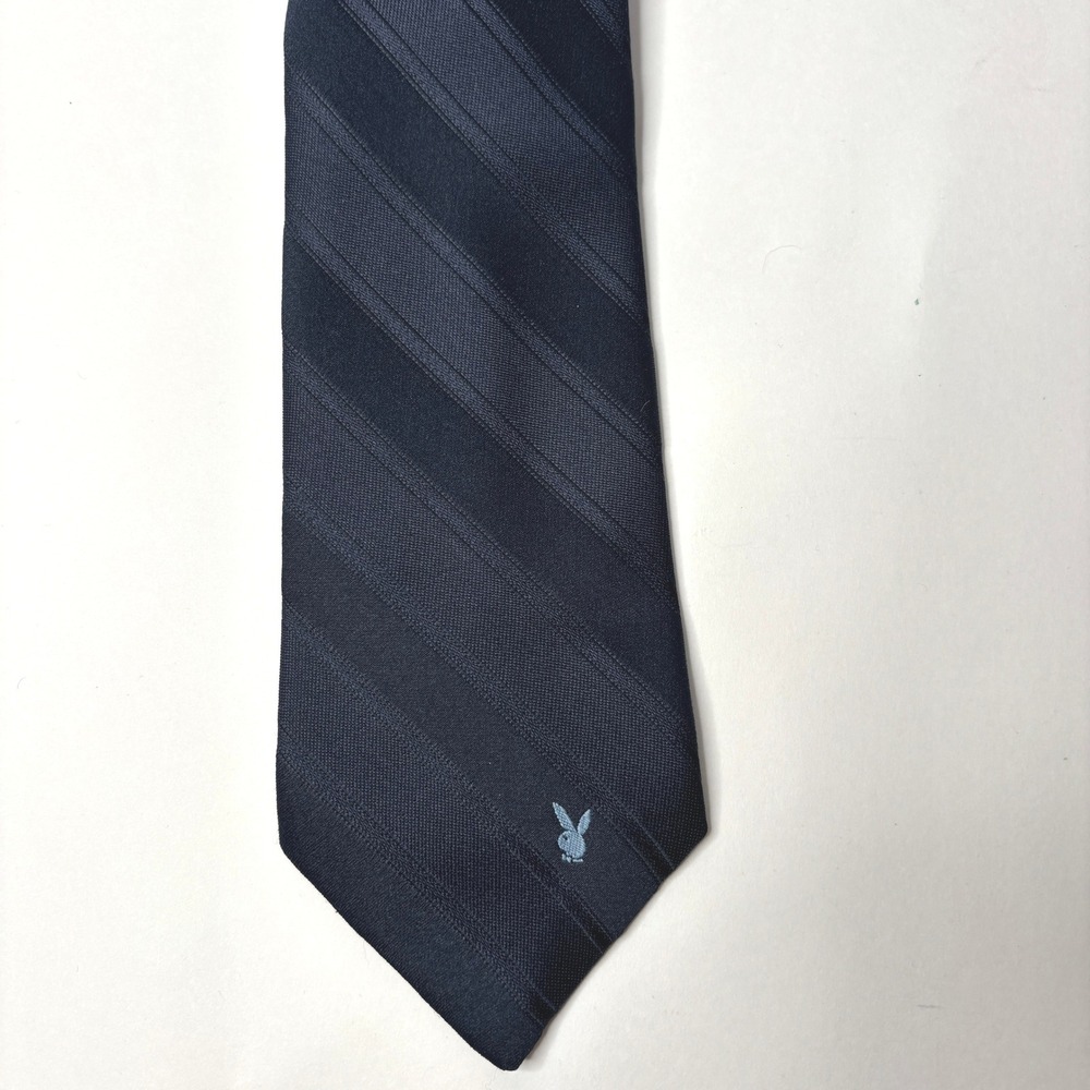 VTG Playboy Mens Navy Blue Striped Bunny Logo 3" Necktie Polyester Tie Retro 80s